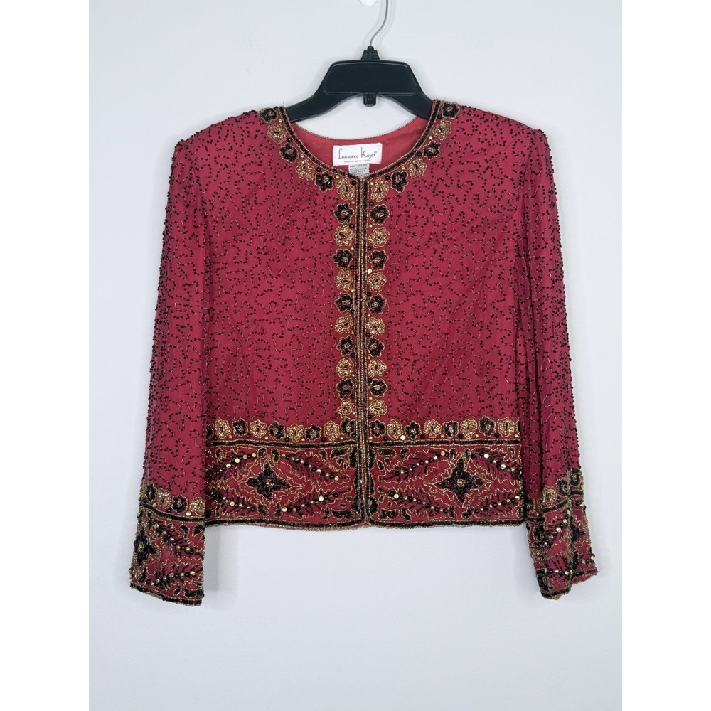 Vintage Laurence Kazar Red Beaded Silk Evening Bolero Cardigan Jacket Womens L